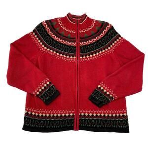 Vintage Woman’s Full Zip L Cardigan Sweater Fair Isle Mock Neck Red Cotton